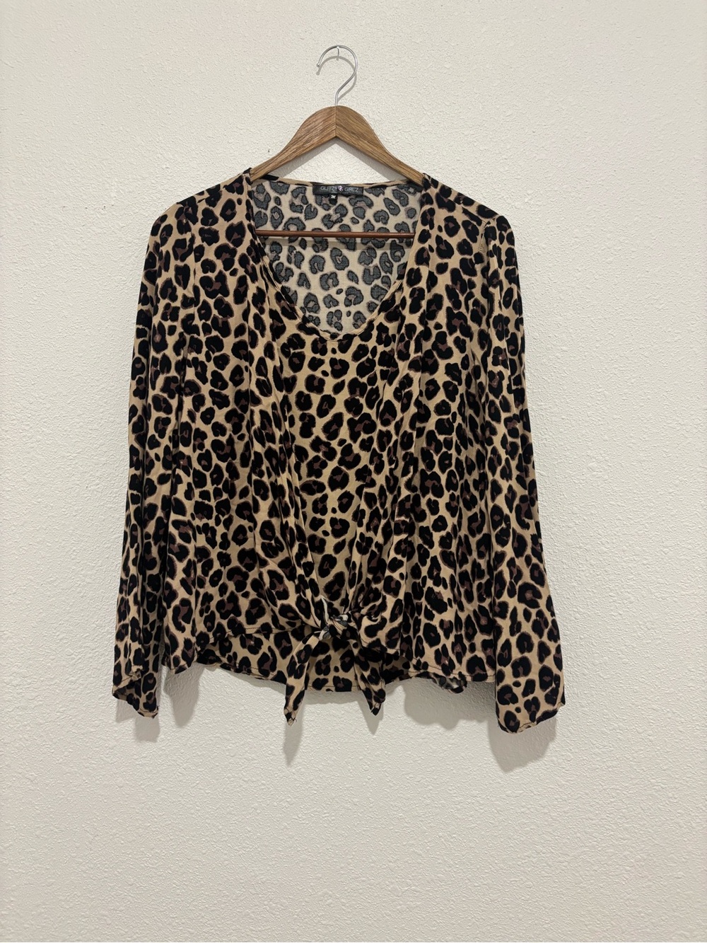 Leopard Print Tie-Front Blouse - Beige/Black